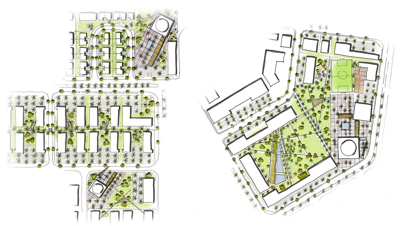 组成部分:住宅区的开放空间设计草图,包括公寓和单户住宅,并与社区中心和清真寺等公共设施相连
